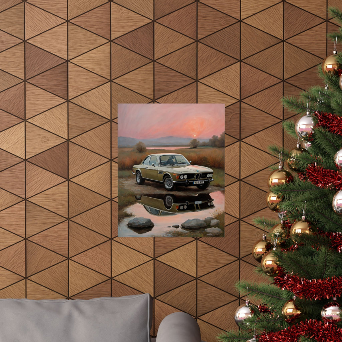 1973 BMW 30 CSL Wall Art Polaris Silver Gold Lake Sunset Water Reflection Poster Classic German Sports Coupe Oil Painting Fine Art Print for Home Office Decor