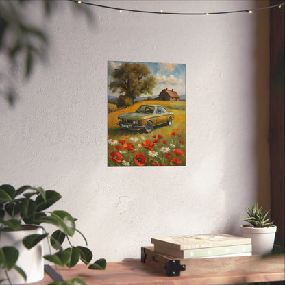 1973 BMW 30 CSL Wall Art Taiga Green Spring Poppy Field Countryside Barn Poster Classic German Sports Coupe Oil Painting Fine Art Print for Home Office Decor