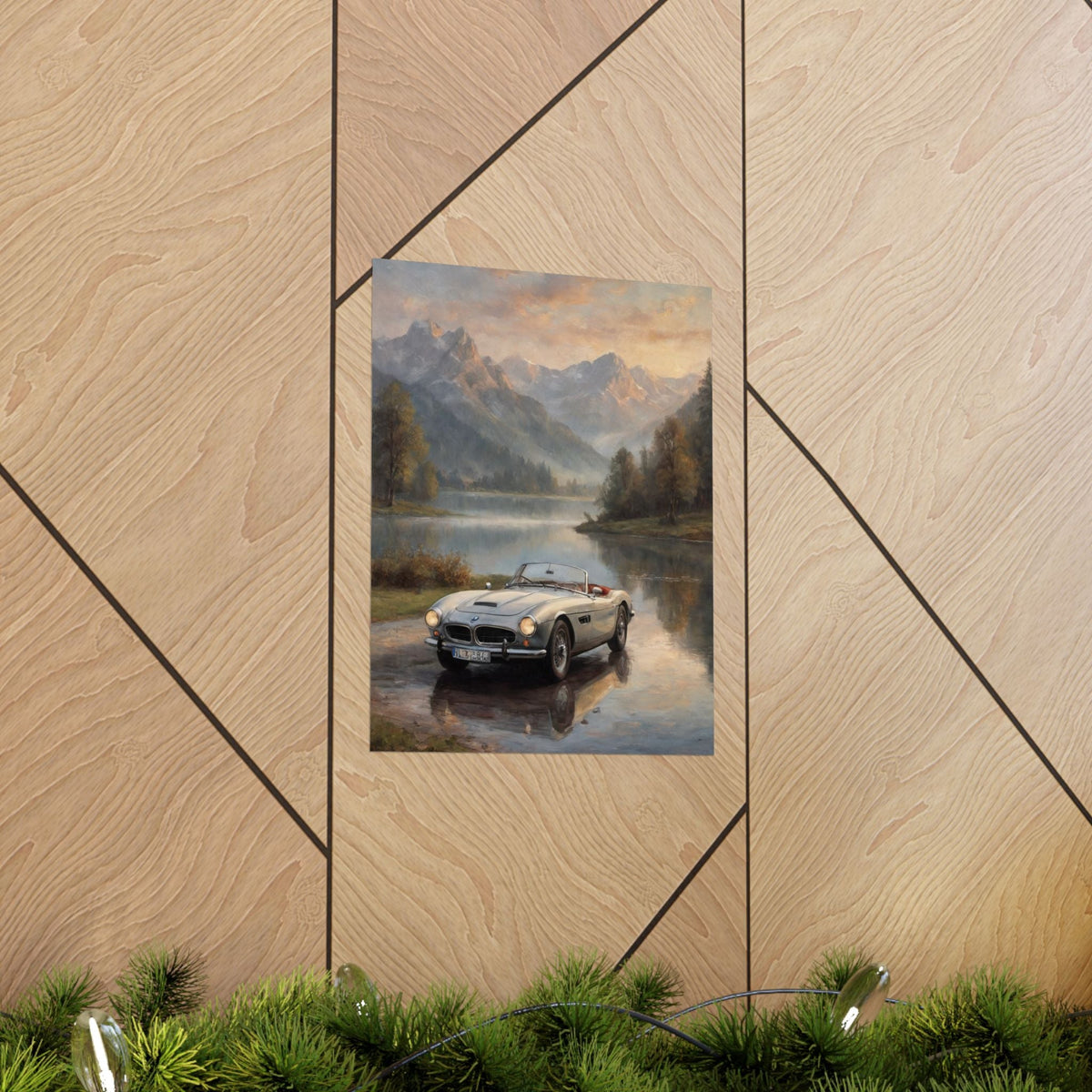 Vintage 1957 BMW 507 Roadster Poster | Alpine Lake Sunset Reflection Wall Art | Impressionist European Classic Sports Car Fine Art Paper Print