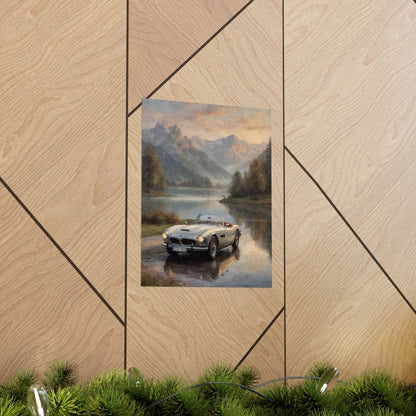 Vintage 1957 BMW 507 Roadster Poster | Alpine Lake Sunset Reflection Wall Art | Impressionist European Classic Sports Car Fine Art Paper Print