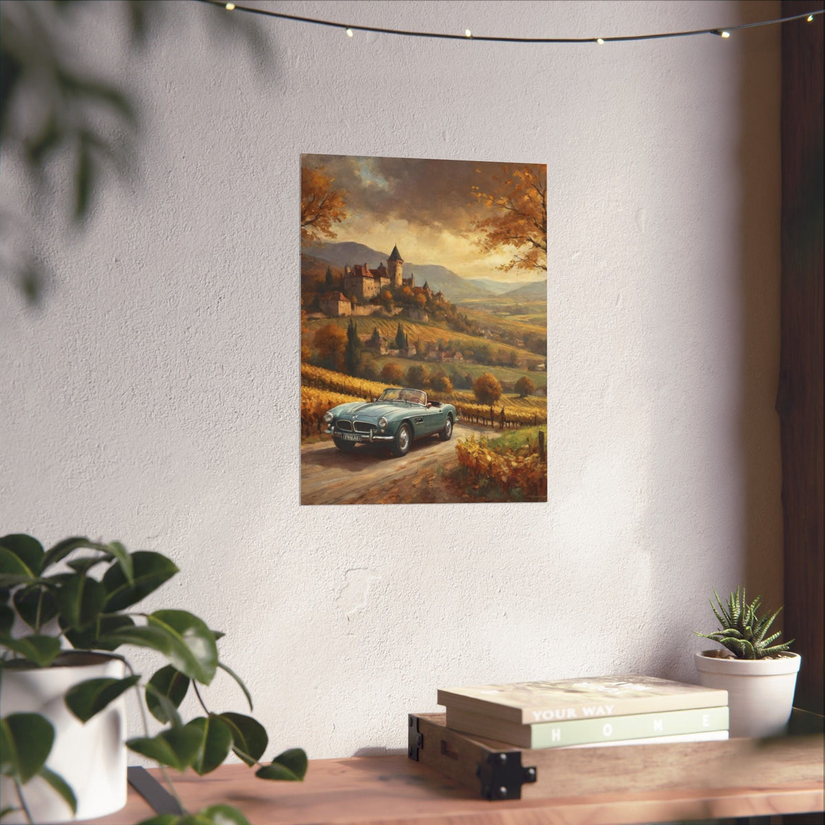 Vintage 1957 BMW 507 Roadster Poster | Autumn Vineyard Castle Valley Wall Art | Impressionist European Classic Sports Car Fine Art Paper Print
