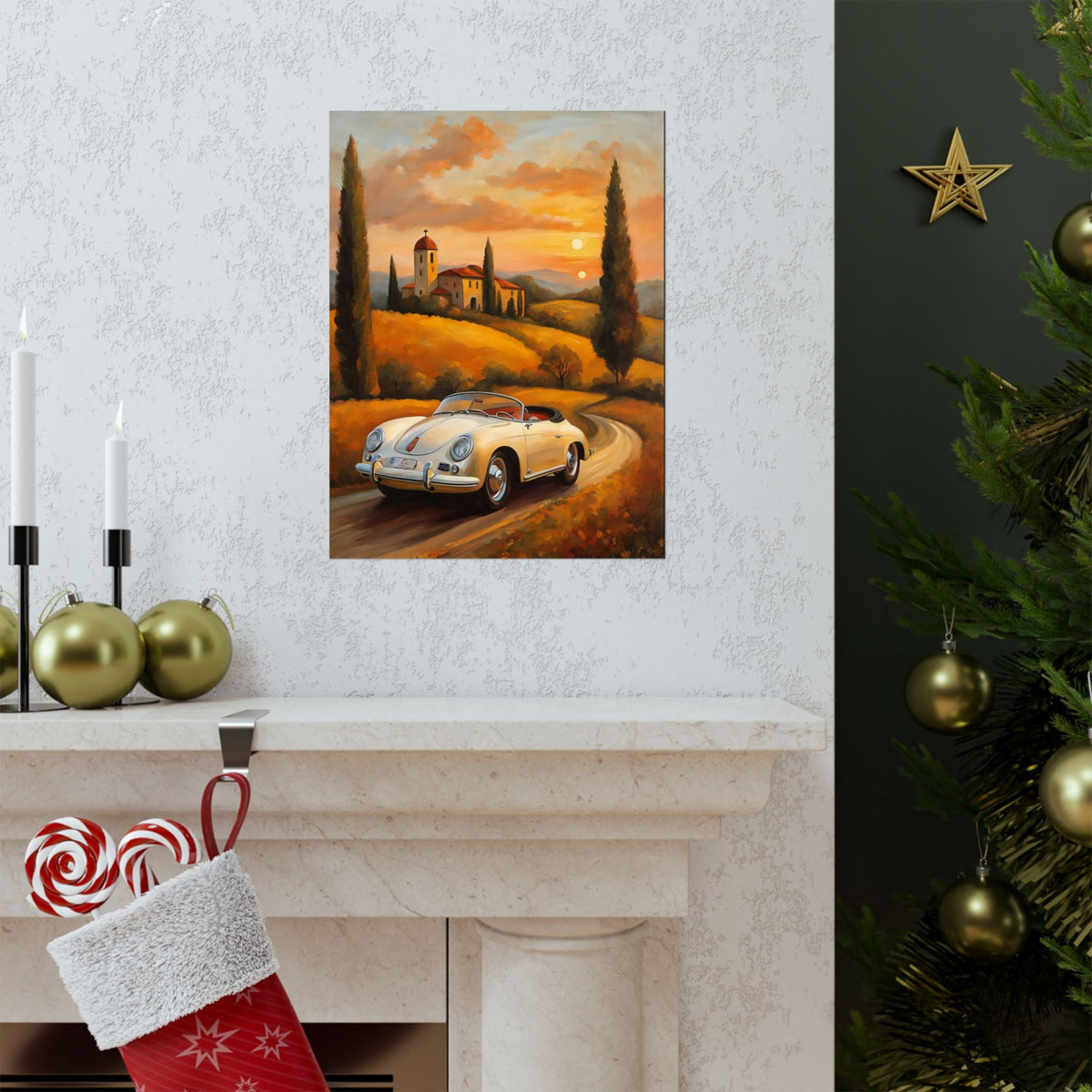 Vintage 1956 Porsche 356 Speedster Poster | Tuscan Countryside Sunset Wall Art | Impressionist European Classic Sports Car Fine Art Paper Print