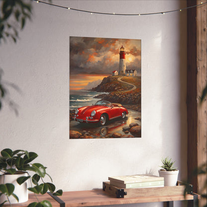 Vintage 1956 Porsche 356 Speedster Poster | Coastal Lighthouse Sunset Wall Art | Impressionist European Classic Sports Car Fine Art Paper Print