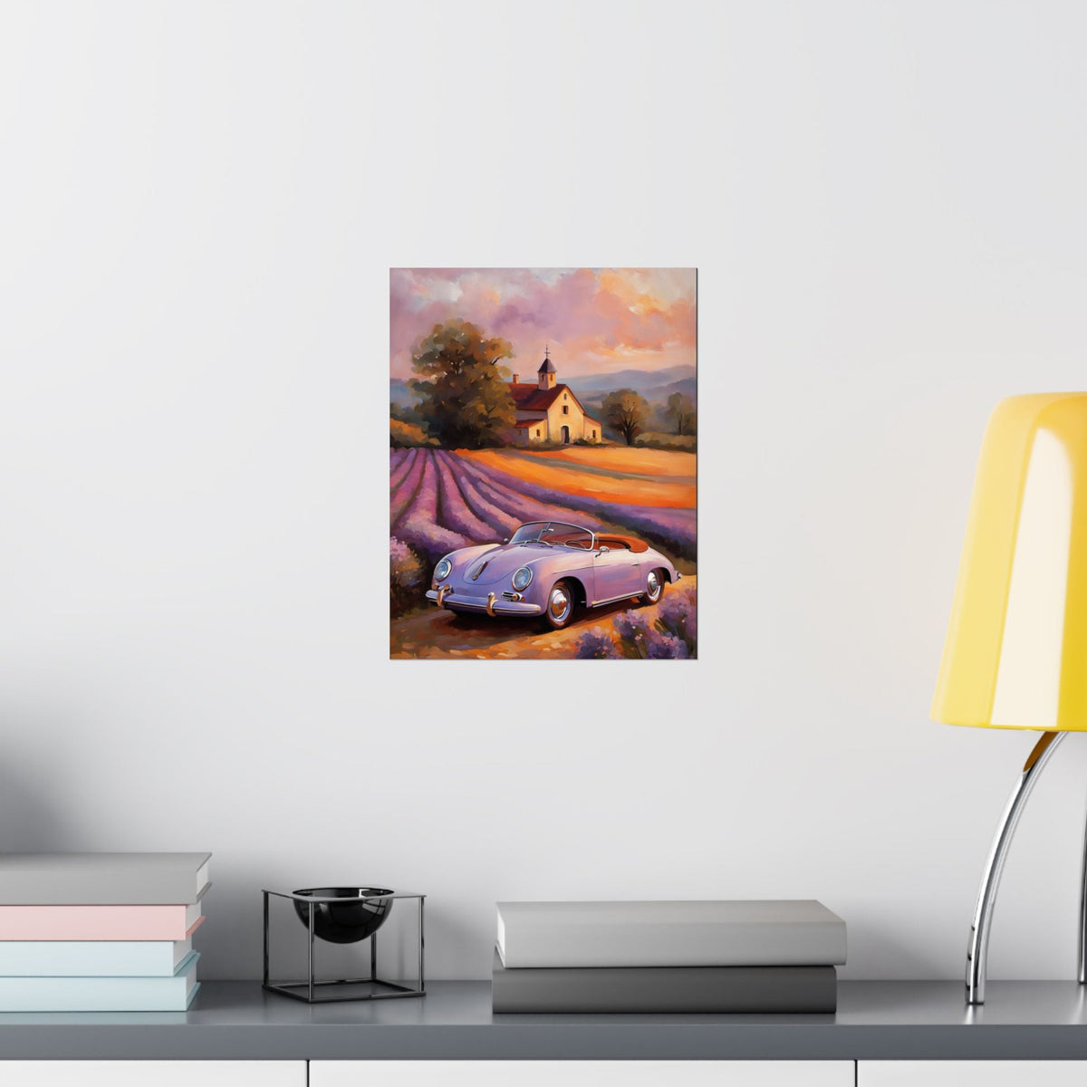 Vintage 1956 Porsche 356 Speedster Poster | Provence Lavender Field Sunset Wall Art | Impressionist European Classic Sports Car Fine Art Paper Print