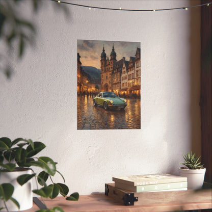 1973 Porsche 911 Wall Art Lime Yellow Green Old German Town Cobblestone Dusk Poster Classic German Sports Car Oil Painting Fine Art Print for Home Office Decor
