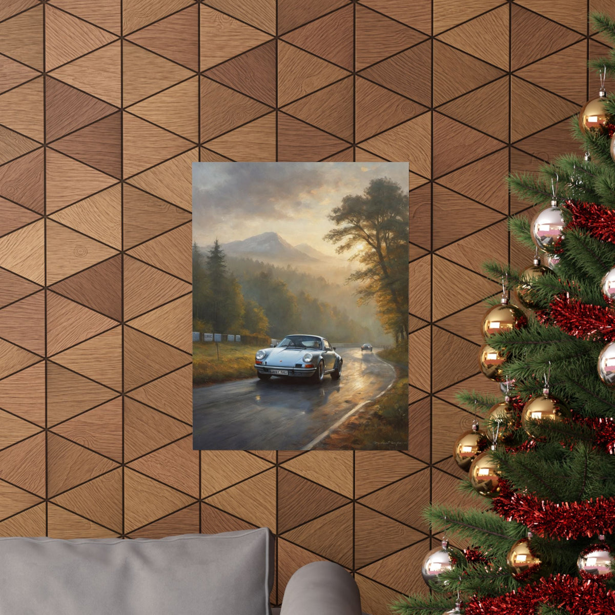 1973 Porsche 911 Wall Art Silver Metallic Nürburgring Nordschleife Misty Forest Racetrack Sunrise Poster Classic German Sports Car Oil Painting Fine Art Print for Home Office Decor