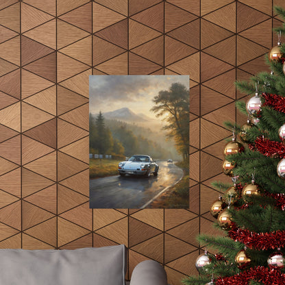 1973 Porsche 911 Wall Art Silver Metallic Nürburgring Nordschleife Misty Forest Racetrack Sunrise Poster Classic German Sports Car Oil Painting Fine Art Print for Home Office Decor
