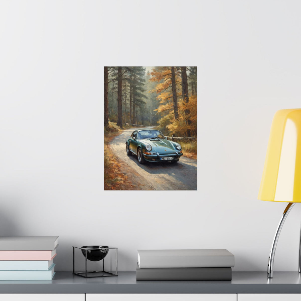 1973 Porsche 911 Wall Art Forest Green Autumn Pine Forest Dirt Road Poster Classic German Sports Car Oil Painting Fine Art Print for Home Office Decor