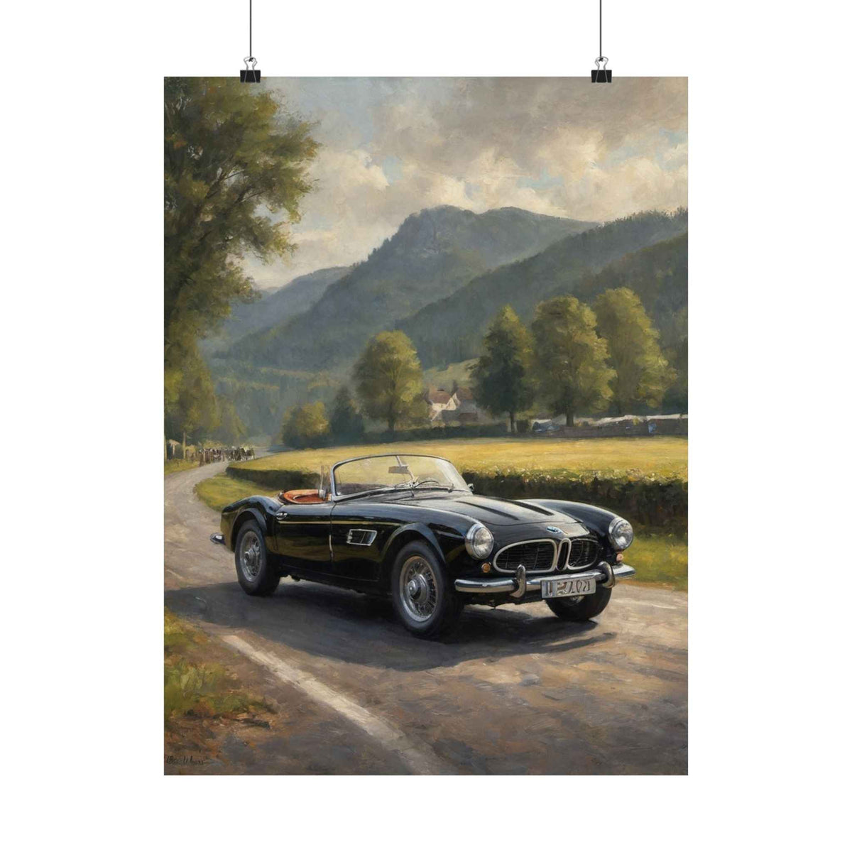 Vintage 1957 BMW 507 Roadster Poster | Countryside Mountain Road Wall Art | Impressionist European Classic Sports Car Fine Art Paper Print