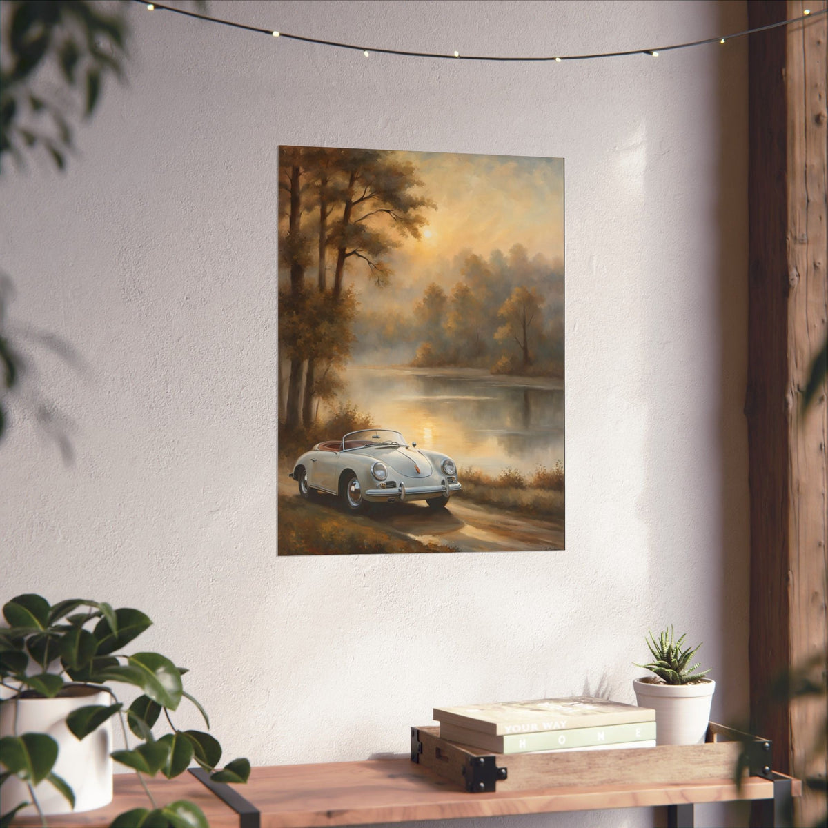 Vintage 1956 Porsche 356 Speedster Poster | Misty Lakeside Sunrise Wall Art | Impressionist European Classic Sports Car Fine Art Paper Print