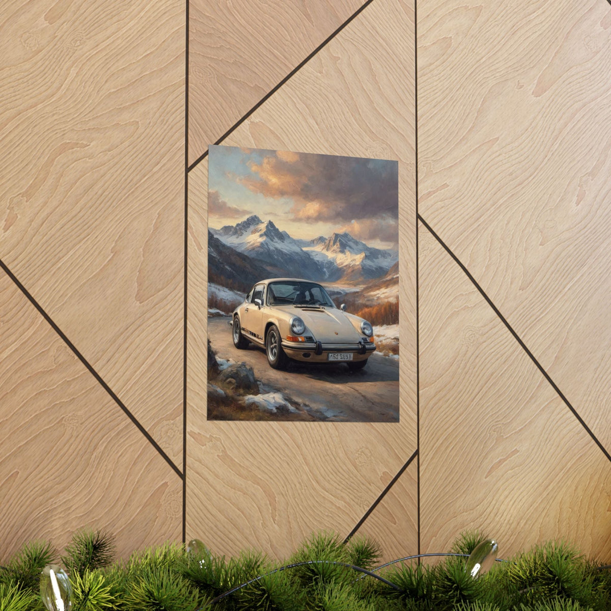 1973 Porsche 911 Wall Art Beige Sahara Grey Snow Capped Alps Alpine Pass Sunset Poster Classic German Sports Car Oil Painting Fine Art Print for Home Office Decor