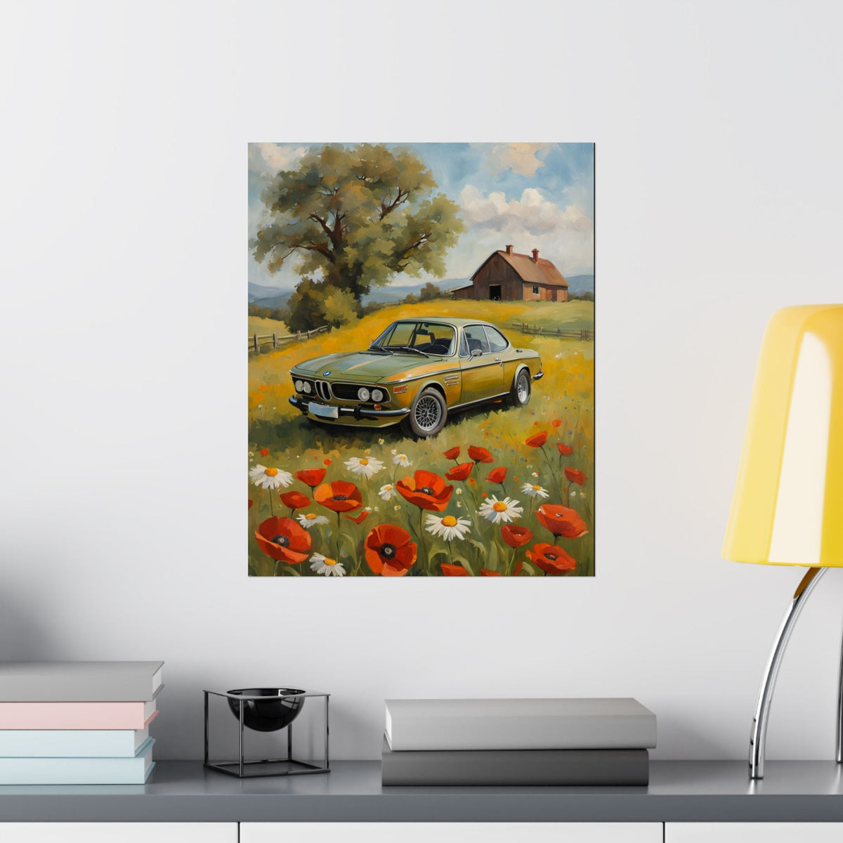 1973 BMW 30 CSL Wall Art Taiga Green Spring Poppy Field Countryside Barn Poster Classic German Sports Coupe Oil Painting Fine Art Print for Home Office Decor
