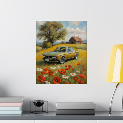 1973 BMW 30 CSL Wall Art Taiga Green Spring Poppy Field Countryside Barn Poster Classic German Sports Coupe Oil Painting Fine Art Print for Home Office Decor