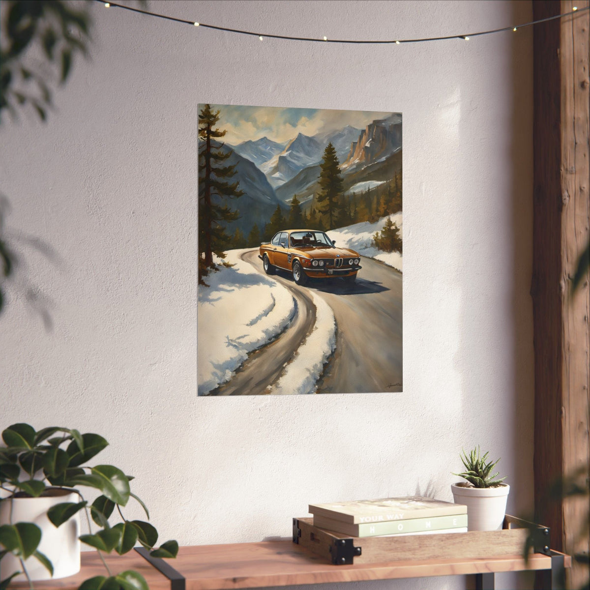 1973 BMW 30 CSL Wall Art Inka Orange Bronze Alpine Mountain Pass Snow Road Poster Classic German Sports Coupe Oil Painting Fine Art Print for Home Office Decor