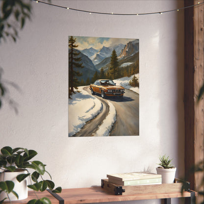1973 BMW 30 CSL Wall Art Inka Orange Bronze Alpine Mountain Pass Snow Road Poster Classic German Sports Coupe Oil Painting Fine Art Print for Home Office Decor