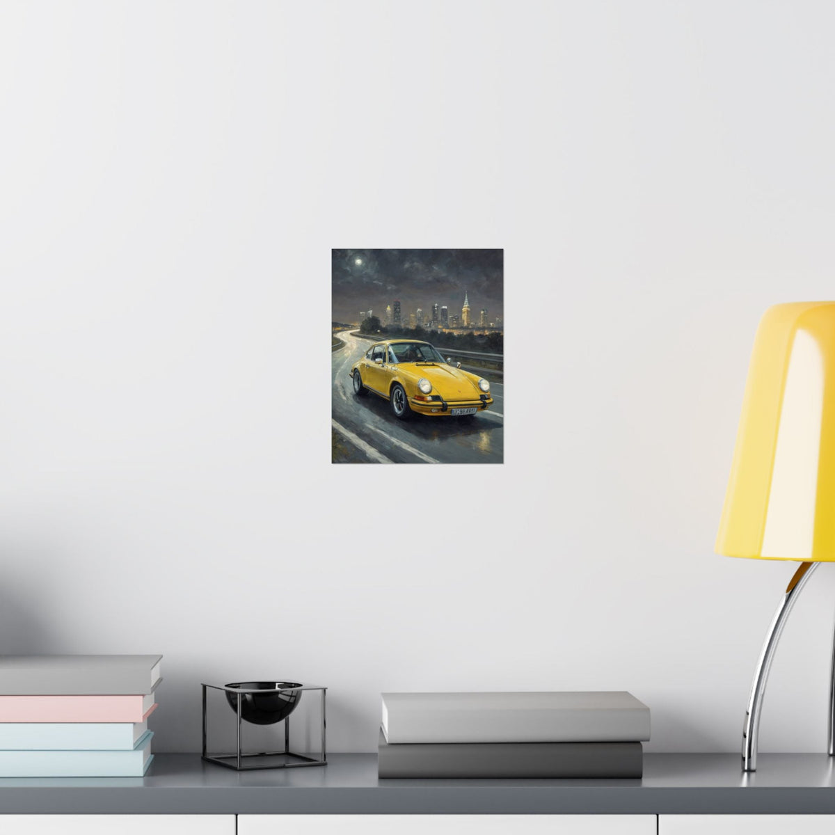 1973 Porsche 911 Wall Art Signal Yellow Night Highway City Skyline Full Moon Poster Classic German Sports Car Oil Painting Fine Art Print for Home Office Decor
