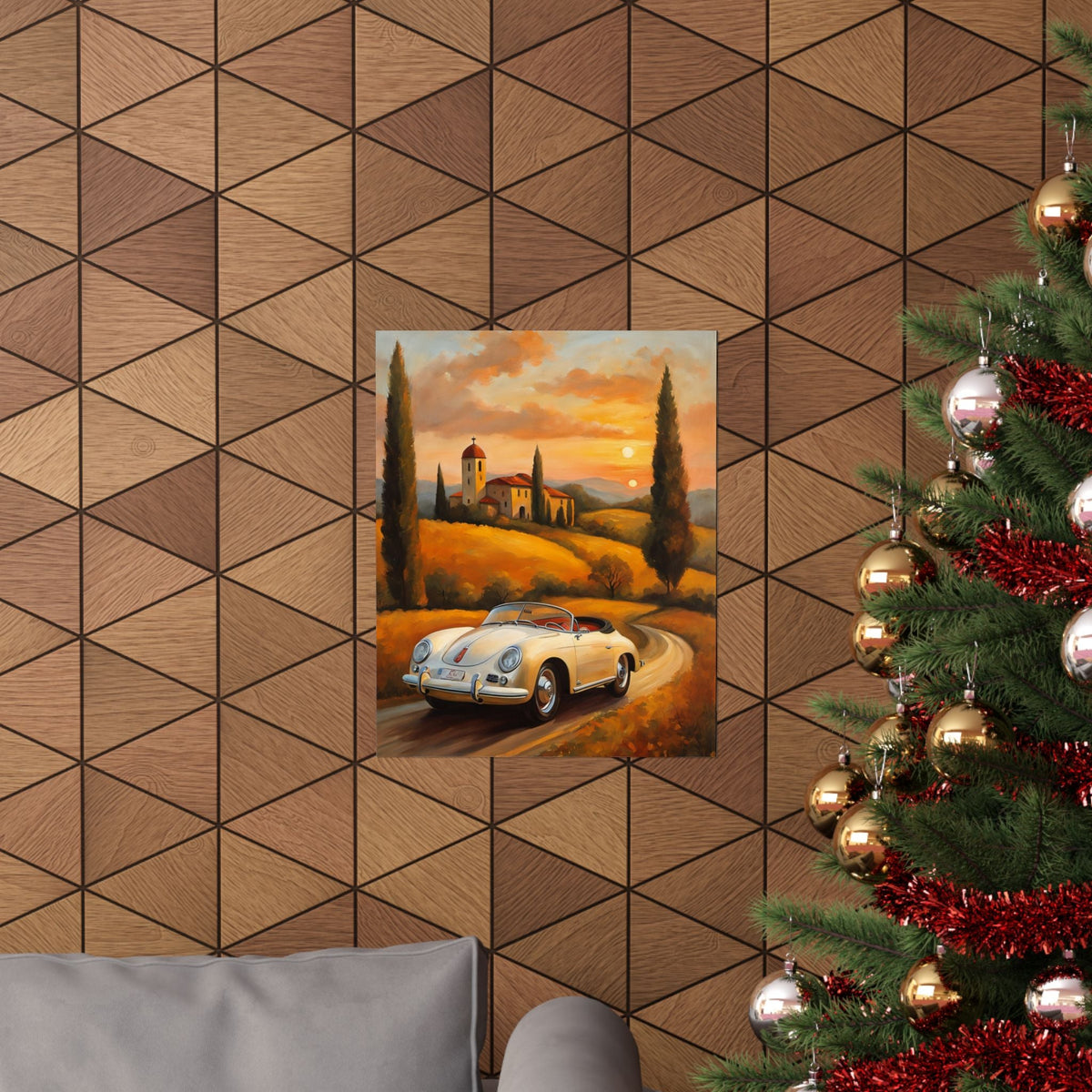 Vintage 1956 Porsche 356 Speedster Poster | Tuscan Countryside Sunset Wall Art | Impressionist European Classic Sports Car Fine Art Paper Print