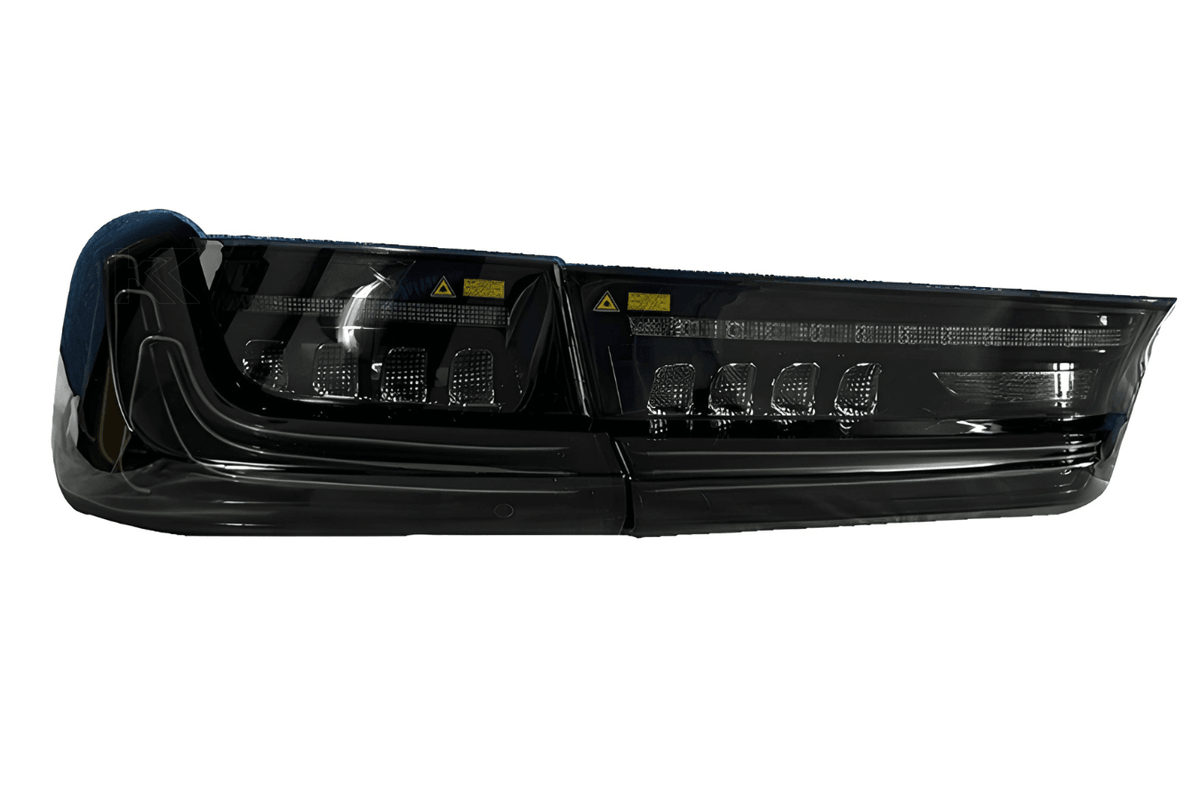 BMW 3 Series G20 G28 tail lights by K2 Industries featuring red and smoked CSL style laser accents, 2019-2024.