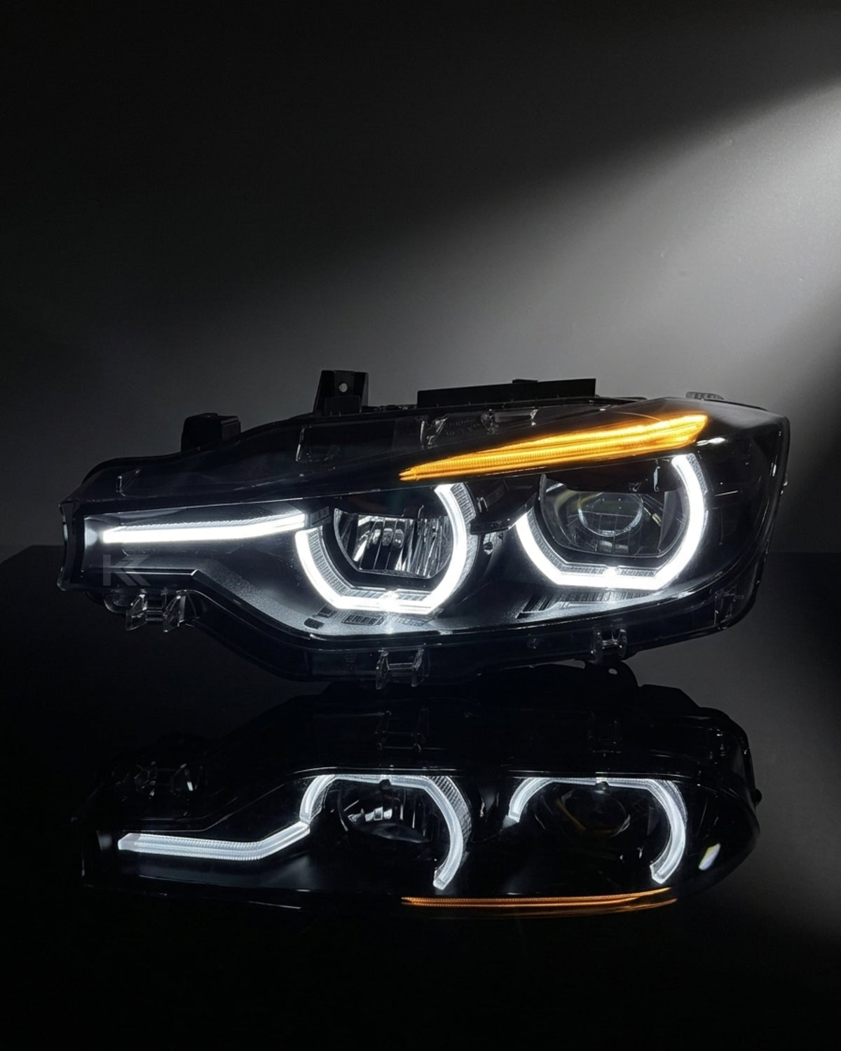 BMW 3 Series F30 F31 F35 V3 smoked LED headlight assembly with white, yellow, red DRL, for 2012-2018 models, by K2 Industries.