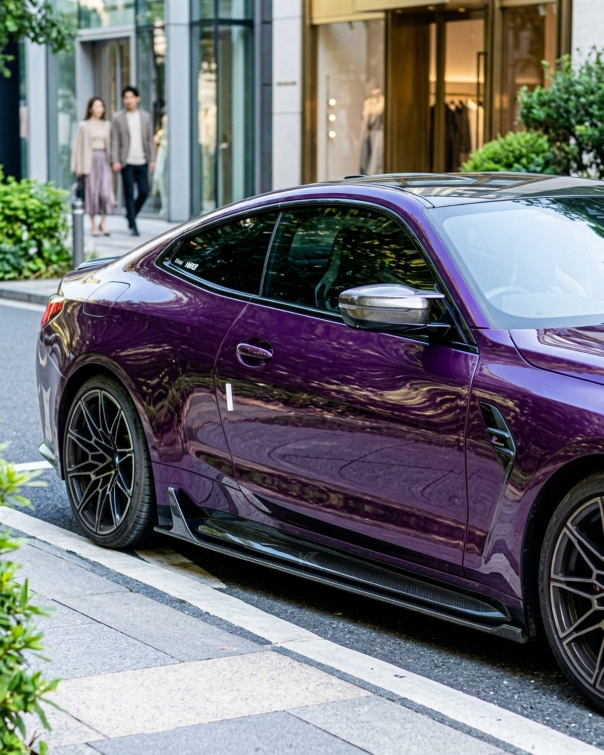 BMW M4 G82 G83 side skirt extensions in pre-preg dry carbon fiber, designed for sleek, aerodynamic enhancement by K2 Industries.