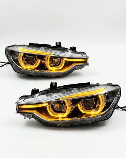 BMW 3 Series F30 LED headlight assembly with triple-color DRL and high/low beams, branded by K2 Industries.