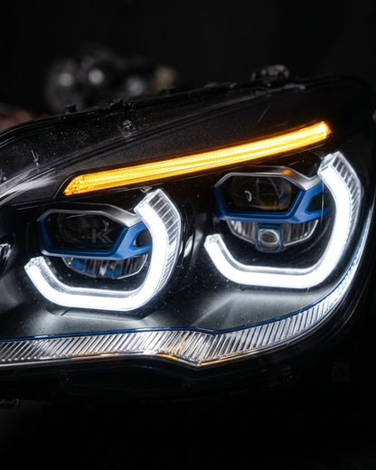 BMW 7 Series F02 G12 style LED headlight assembly with dual-color yellow and white DRL for 2013-2015, by K2 Industries.