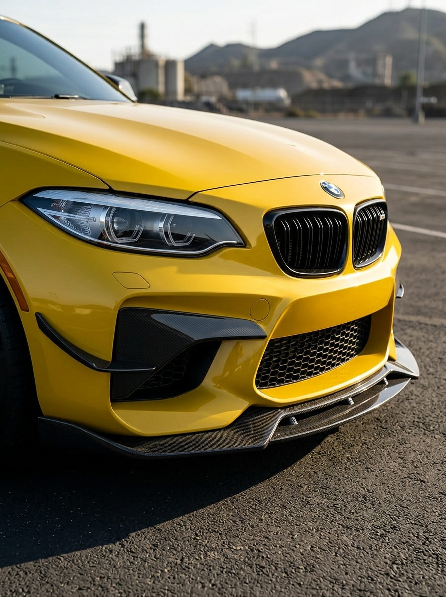 BMW 2 Series F87 M2 carbon fiber front lip by K2 Industries, showcasing the sleek, aerodynamic design of the front bumper.