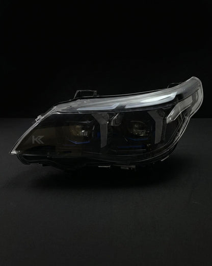 BMW 5 Series E60 Snake Eye LED headlight assembly with dual-color daytime running lights, designed by K2 Industries for 2003-2010 models.