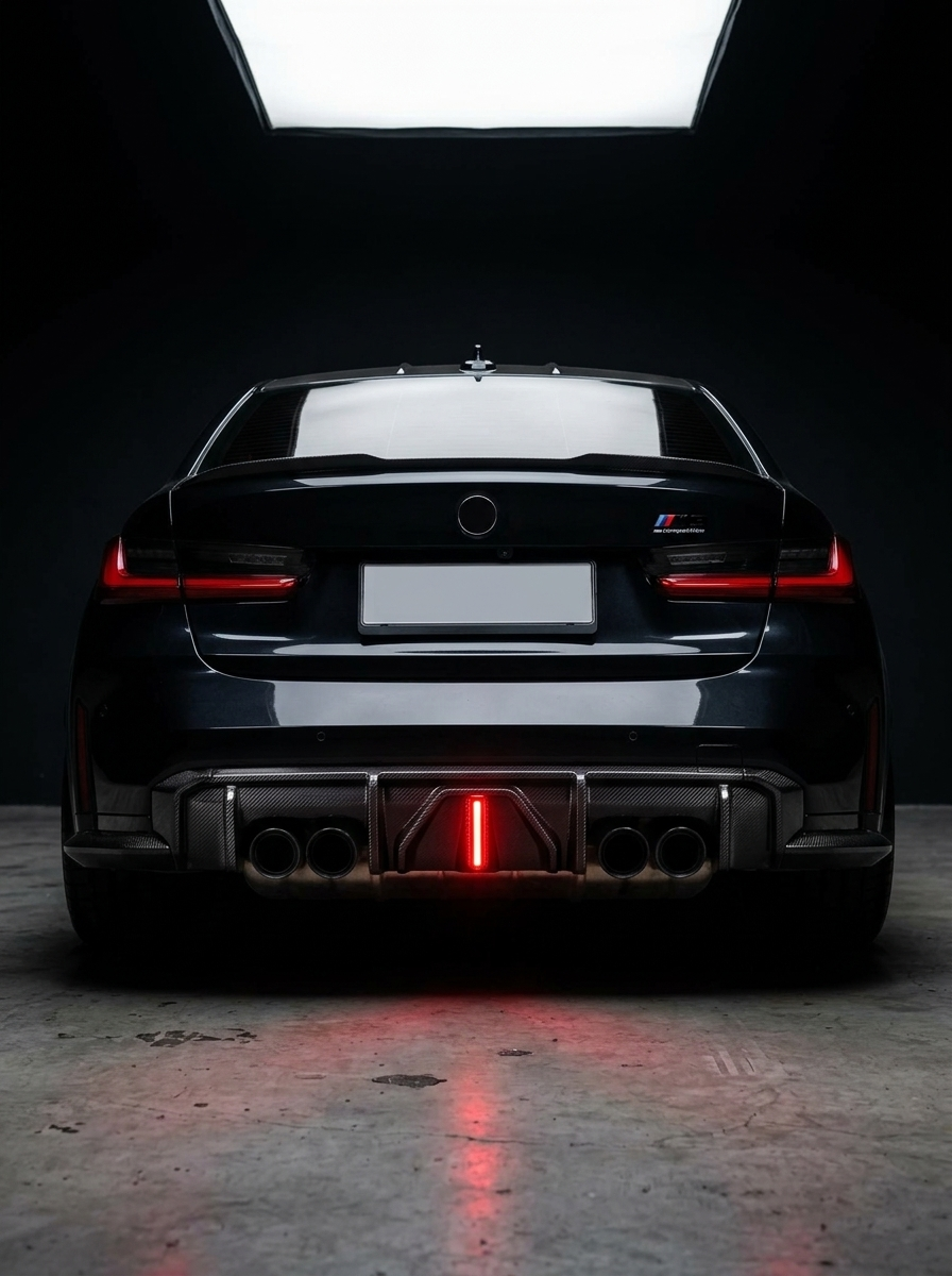 BMW 3 Series G80 M3 G82 G83 M4 carbon fiber rear diffuser with integrated LED lights, sleek aerodynamic design, by K2 Industries.