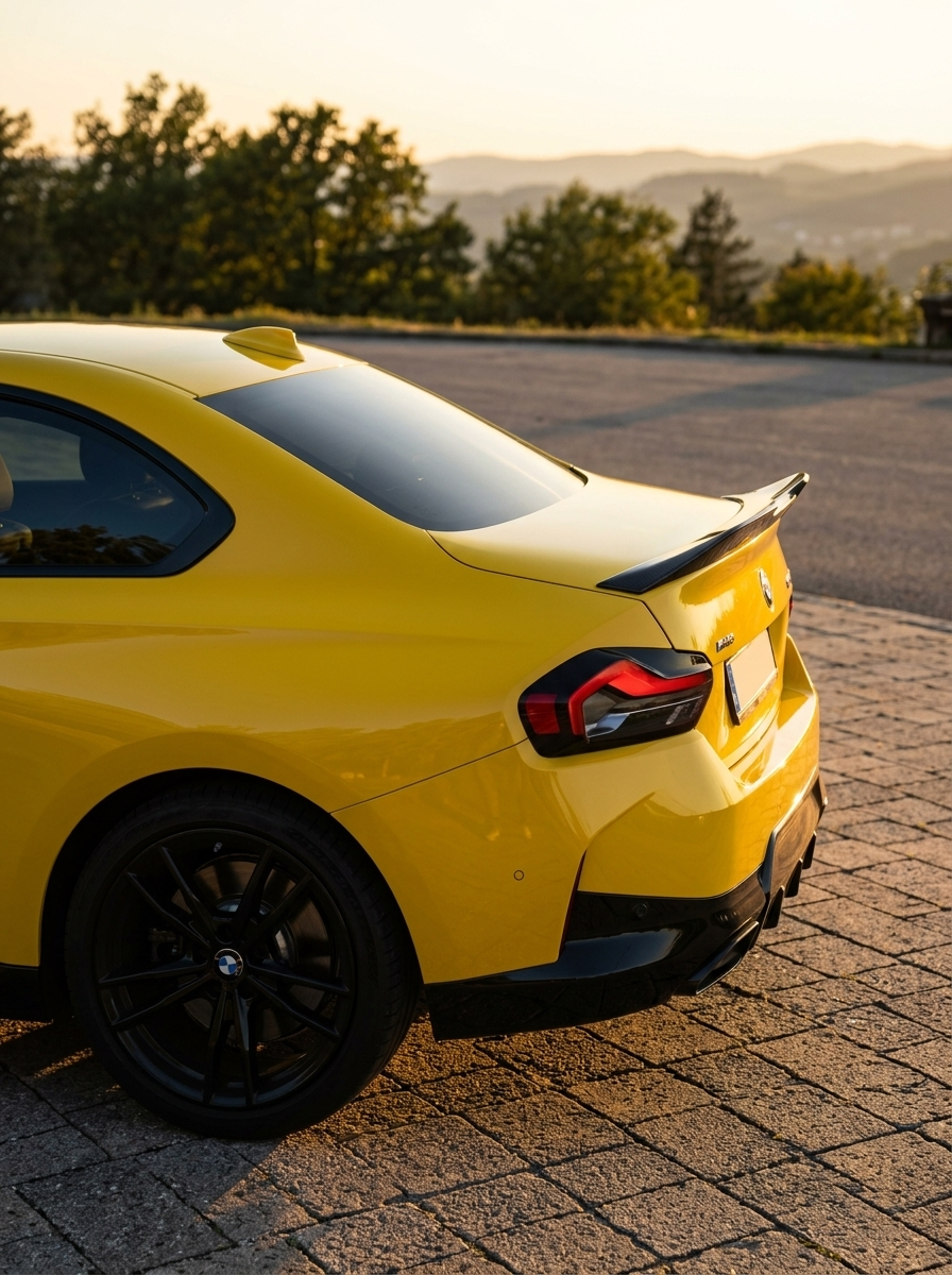 BMW 2 Series G42 MP Style carbon fiber spoiler by K2 Industries, showcasing sleek, aerodynamic design on the vehicle's rear.