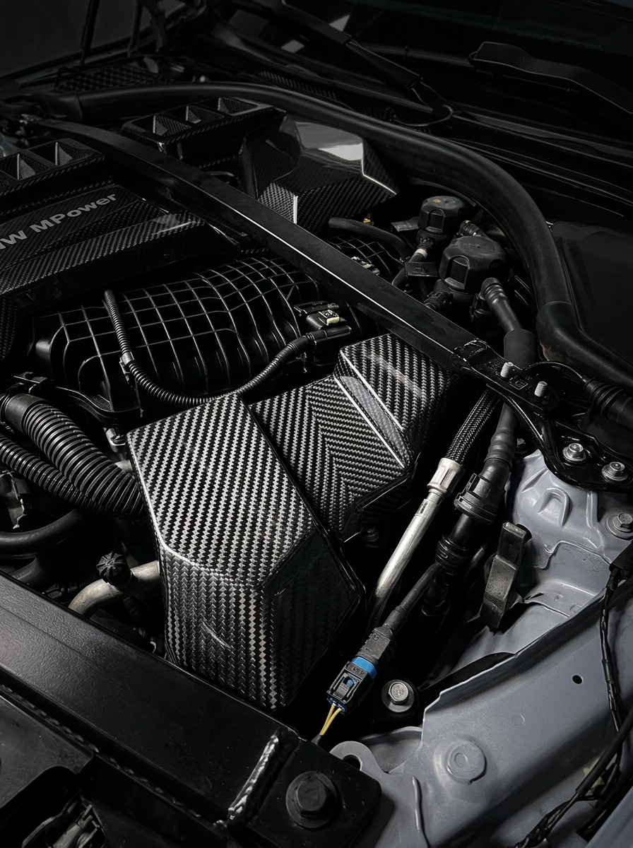 BMW 3/4 Series G80/G81/G82/G83/G87 carbon fiber ECU cover by K2 Industries, lightweight and stylish automotive engine bay accessory.