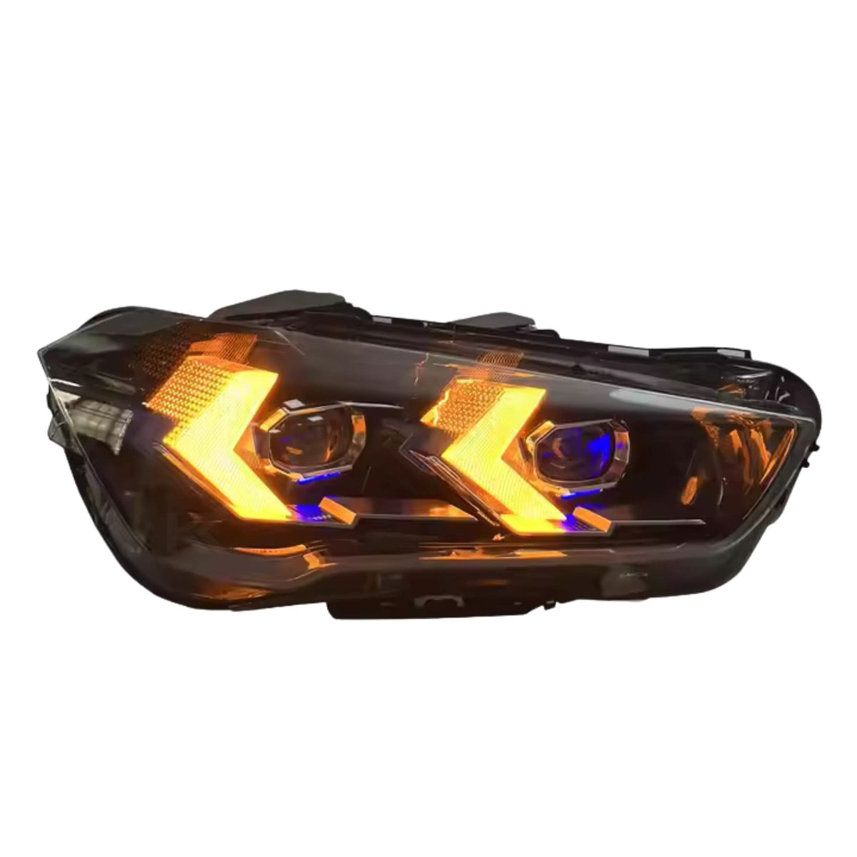 BMW X1 F48 arrow style LED headlights by K2 Industries, showing sleek daytime running lights and modern headlamp design.