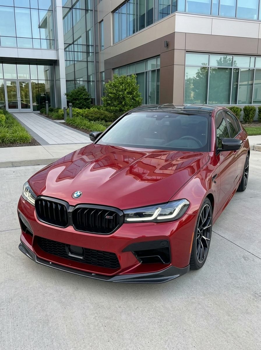 BMW 5 Series F90 M5 LCI CS Style carbon fiber front lip by K2 Industries, showcasing sleek, aerodynamic design on a 2021+ model.