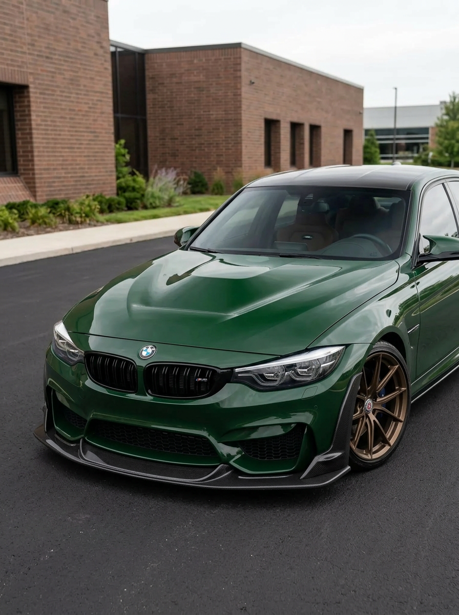 K2 Industries BMW 3 Series F80 M3 F82 F83 M4 Laptor Style carbon fiber front lip, lightweight aerodynamic car accessory.