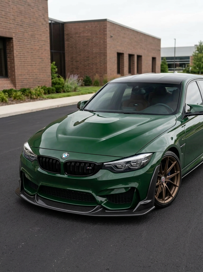 K2 Industries BMW 3 Series F80 M3 F82 F83 M4 Laptor Style carbon fiber front lip, lightweight aerodynamic car accessory.