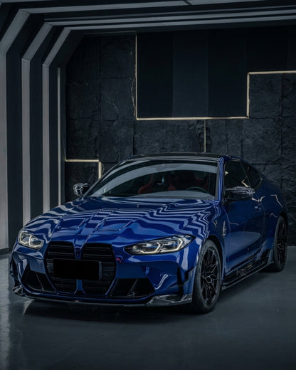 BMW M3 G80 and M4 G82 carbon fiber side skirt extensions by K2 Industries, showcasing sleek pre-preg dry carbon fiber finish.