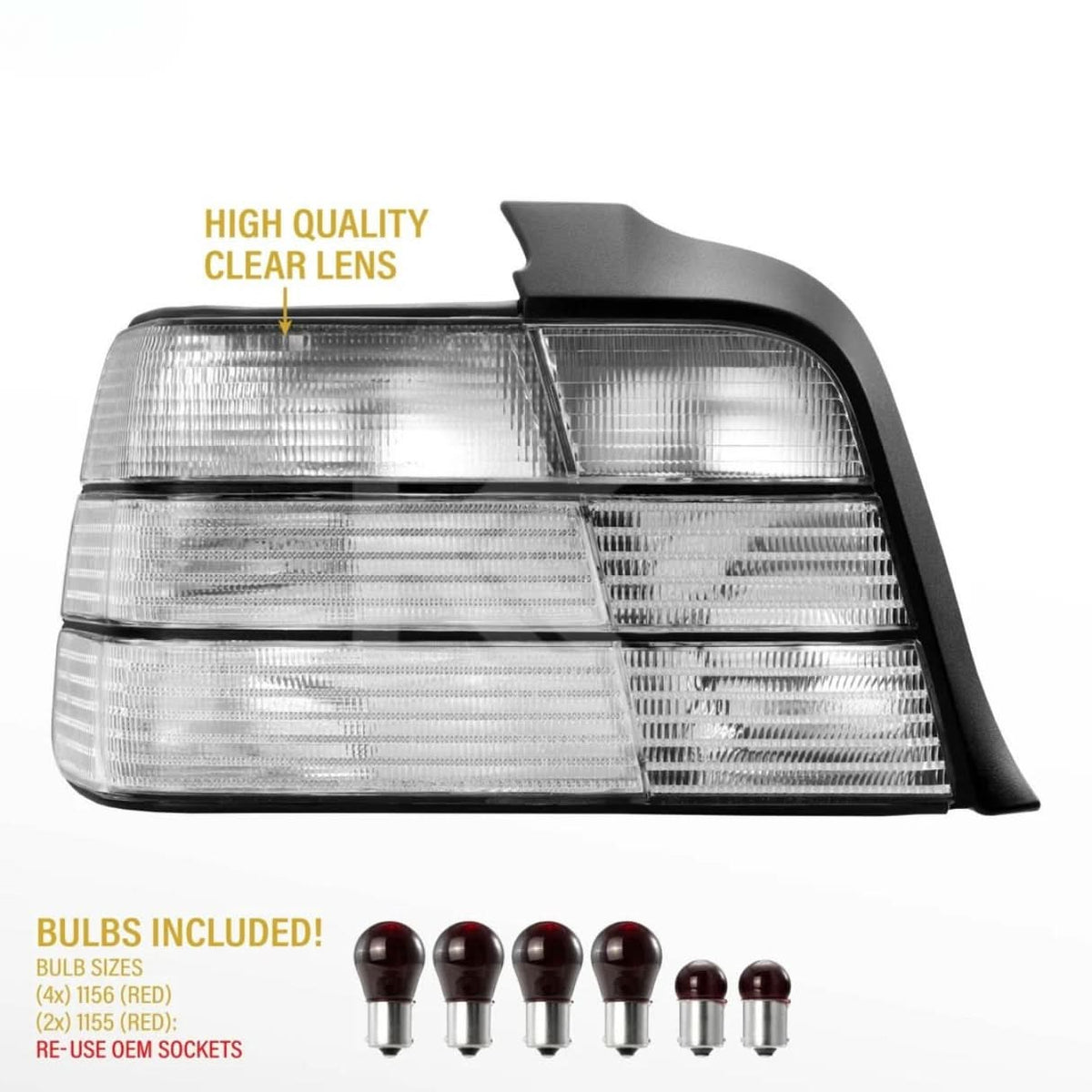 BMW 3 Series E36 tail lights with clear frosted lens, designed by K2 Industries for 1992-1998 models.