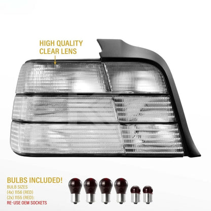 BMW 3 Series E36 tail lights with clear frosted lens, designed by K2 Industries for 1992-1998 models.