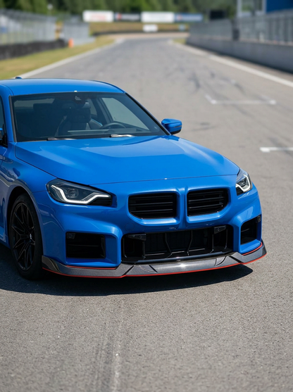 BMW 2 Series G87 M2 carbon fiber front lip by K2 Industries, showcasing the sleek, aerodynamic design and textured finish.