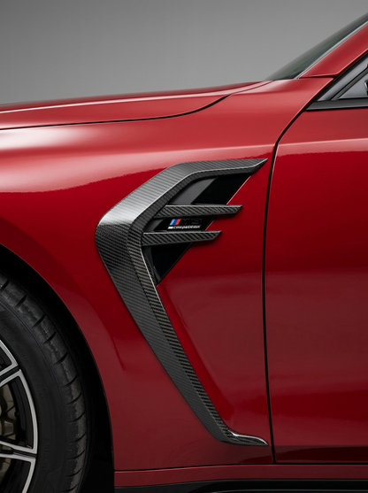 BMW 3/4 Series G80/G81/G82/G83 dry carbon fiber fender vents by K2 Industries, front view showing sleek vent design