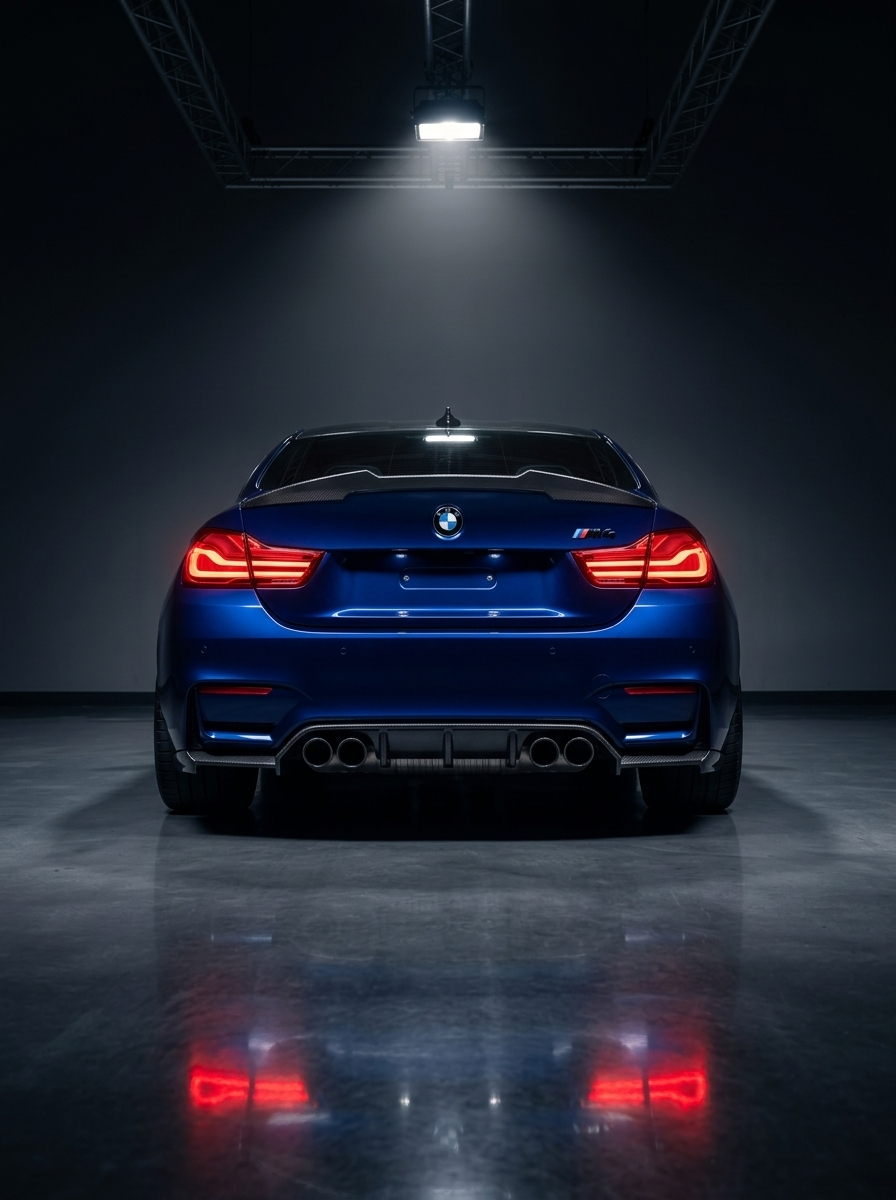 BMW 4 Series F82 M4 K2 Industries PSM style carbon fiber trunk spoiler on car, showcasing sleek, aerodynamic design from rear view.
