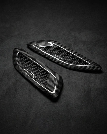 BMW F80 M3, F82 M4, F87 M2, F90 M5, G30 carbon fiber hood vents by K2 Industries, showing sleek aerodynamic vents on the hood.