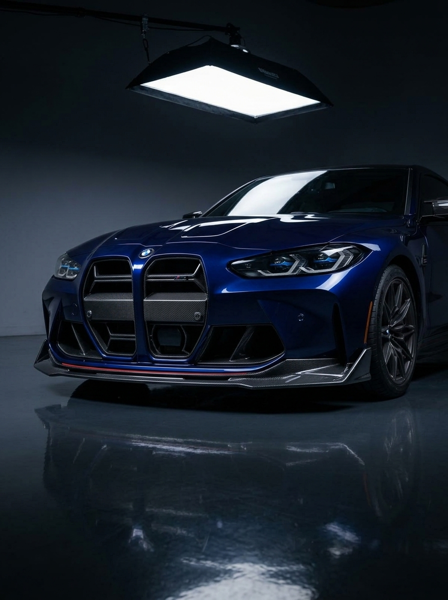 BMW M3 M4 G80 G82 carbon fiber front lip by K2 Industries, showcasing the sleek V style design on a 2019+ model.