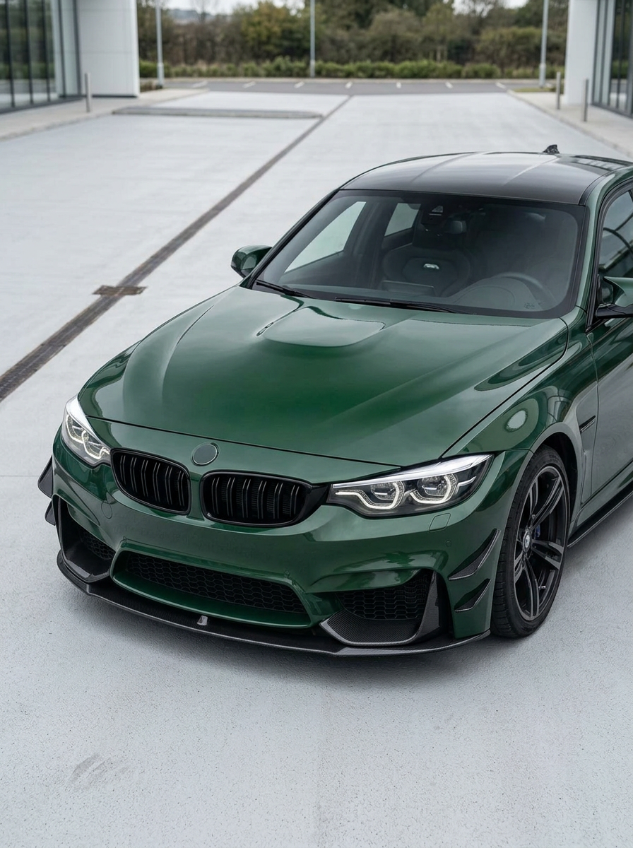 K2 Industries carbon fiber front lip for BMW 3 Series F80 M3 F82 F83 M4 M Performance style, 2015-2019, showing sleek aerodynamic design.