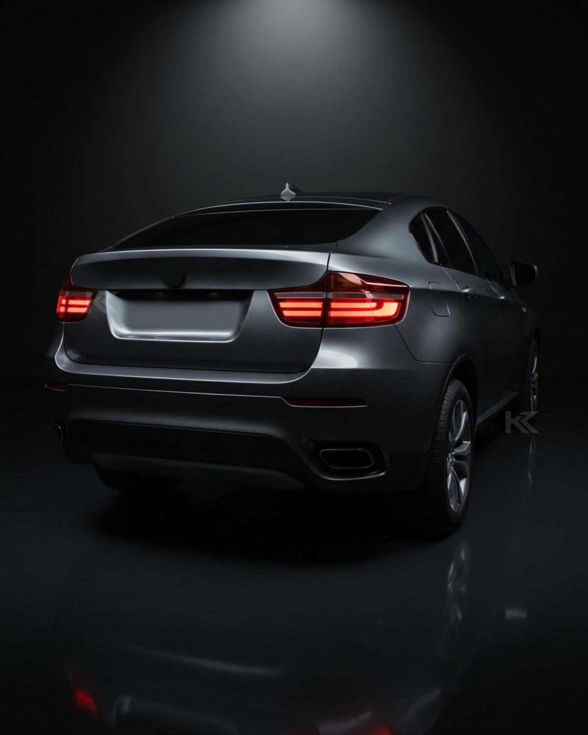 BMW X6 E71 tail lights with red and smoked LED upgrade by K2 Industries for 2007-2014 models, showing the stylish rear lighting.