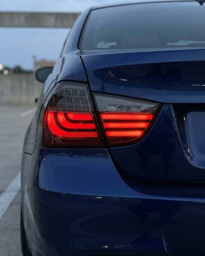 BMW 3 Series E90 upgraded LED tail light assembly by K2 Industries, showing the sleek, modern tail light design for 2009-2012 models.