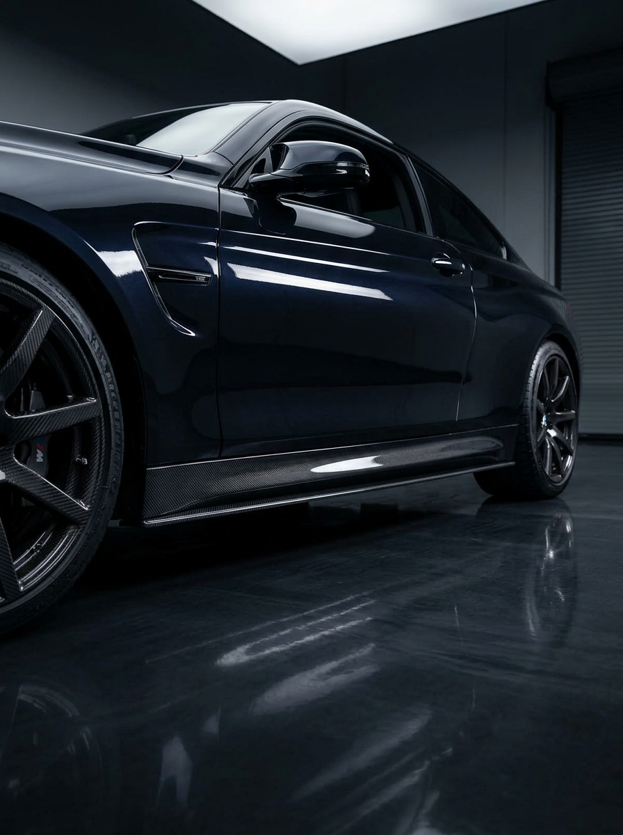 K2 Industries carbon fiber side skirts for BMW 3 Series F80 M3 and 4 Series F82 M4, 2015-2019, with sporty M Performance style.