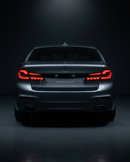 BMW 5-Series G30 G38 LED flow tail lights by K2 Industries, featuring sleek red and clear lens design for 2018-2020 models.