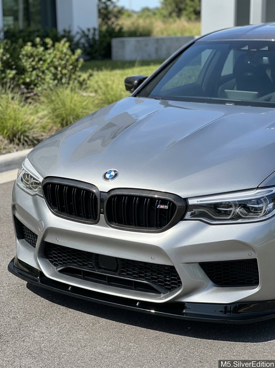 BMW 5 Series G30 carbon fiber front grille by K2 Industries, showcasing sleek, lightweight design with textured carbon fiber finish.