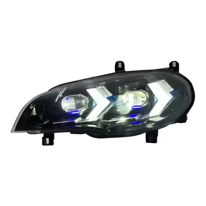 BMW X5 E70 laser style LED headlights by K2 Industries, showing sleek headlight assembly with LED and laser design elements.